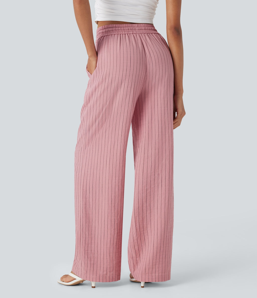 High Waisted Drawstring Wide Leg Stripe Casual Linen-Feel Pants with Pockets