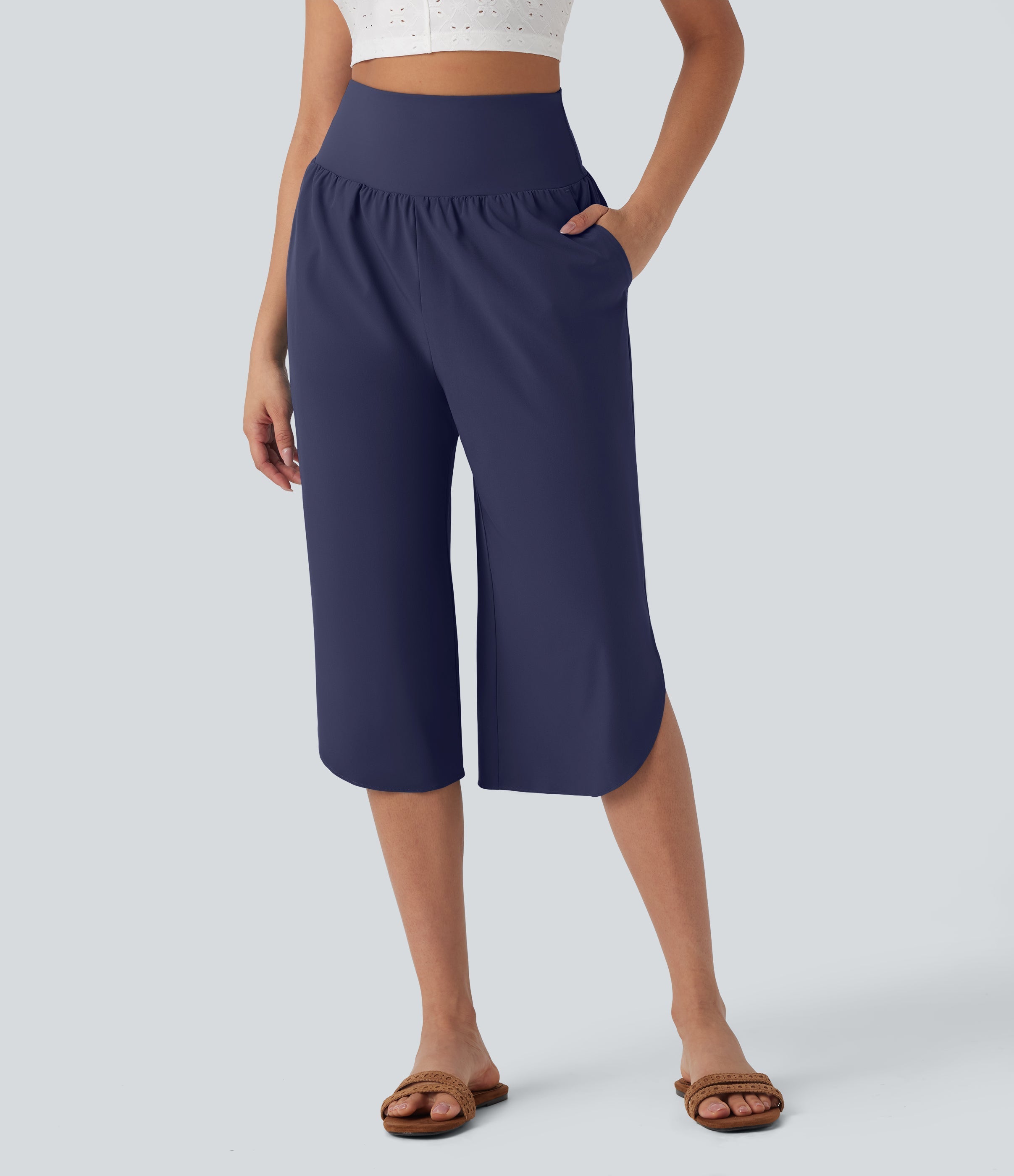 BreezefulTM SoCinched High Waisted Tummy Control Hem Quick Dry Capri Pants with Pockets