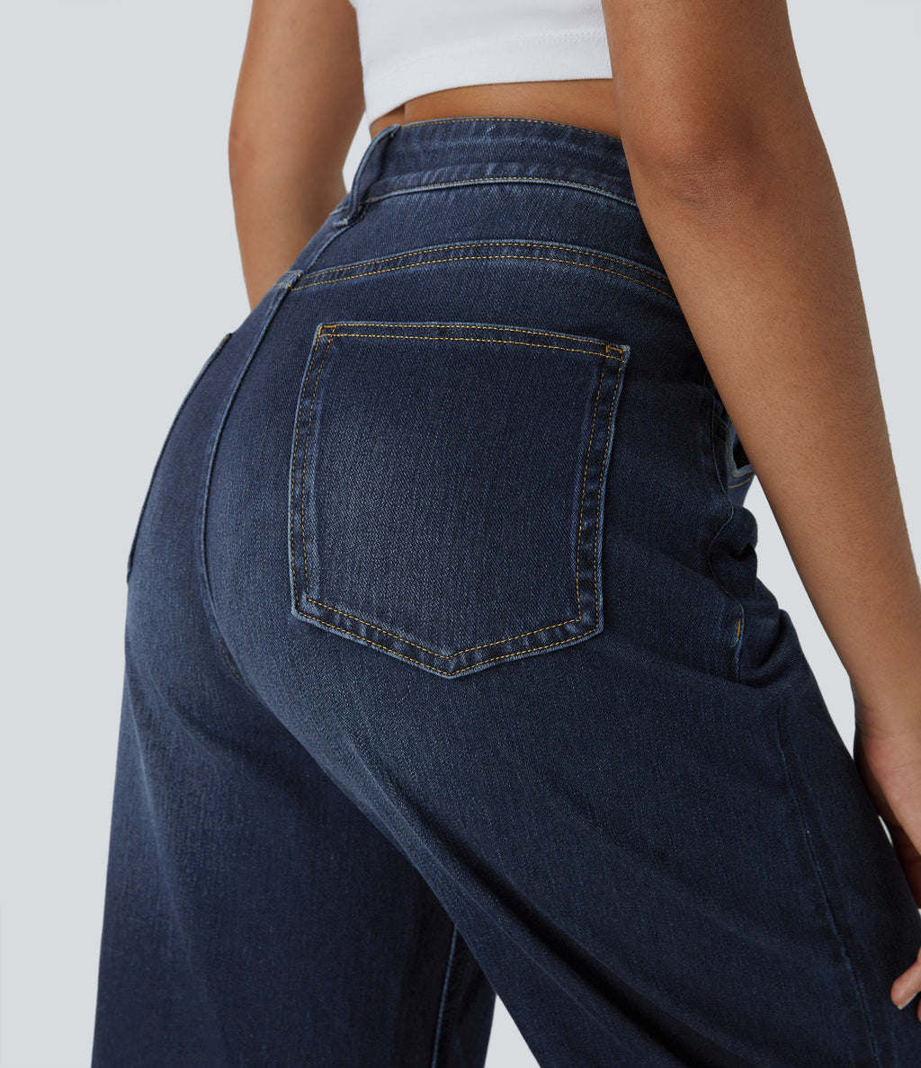 FlexTM High Waisted Multiple Pockets Rolled Hem Wide Leg Washed Stretchy Knit Casual Jeans