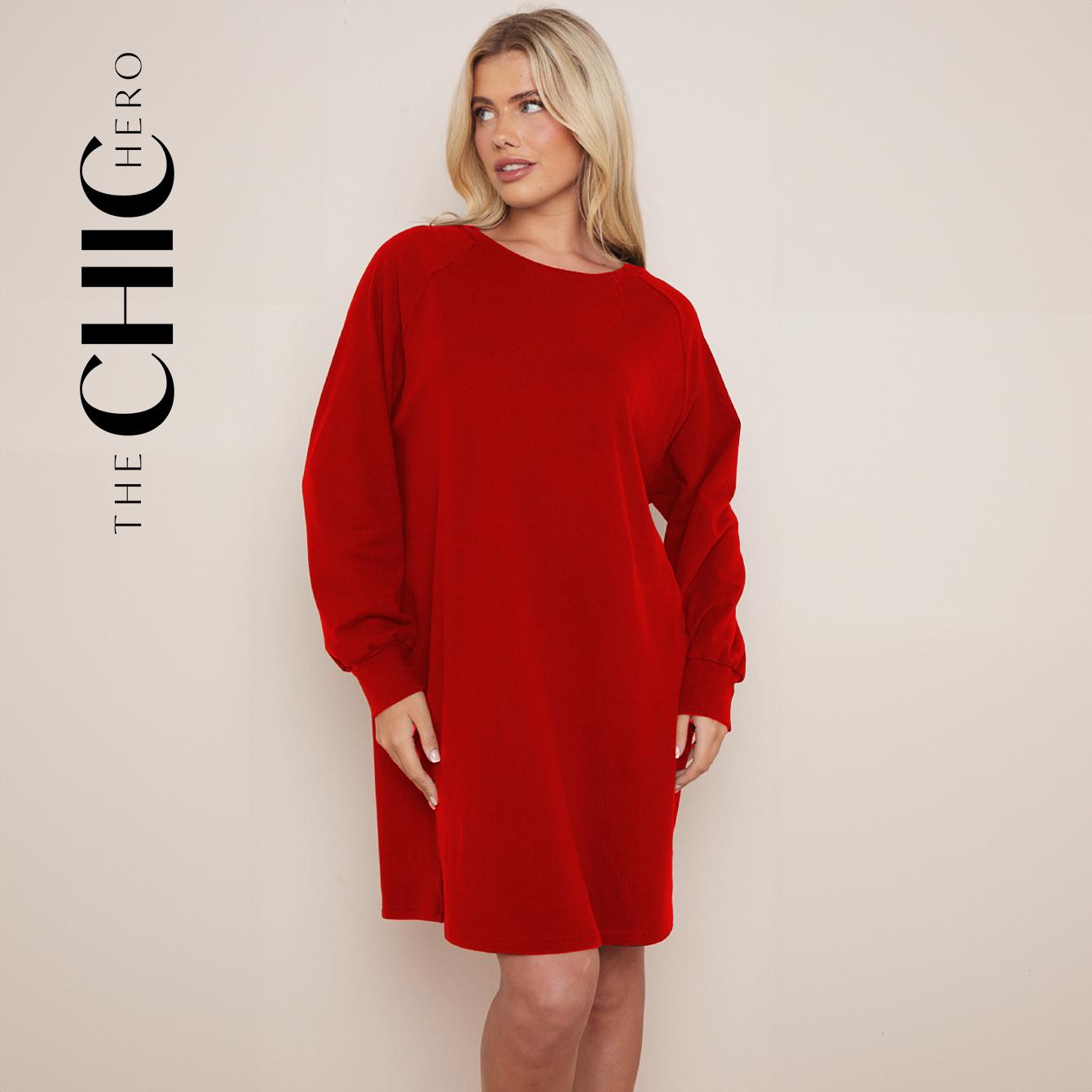 ChicHero Women's Long Sleeve Dress Brushed Jersey Casual Loose Fit Crewneck Raglan Dress Oversized Long Jersey Tops