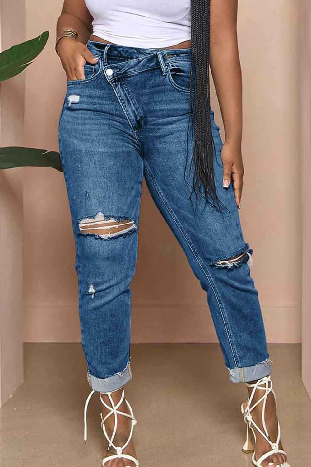Denim High Waist Ripped Slim Fit Tapered Casual Cuffed Jeans-LightBlue
