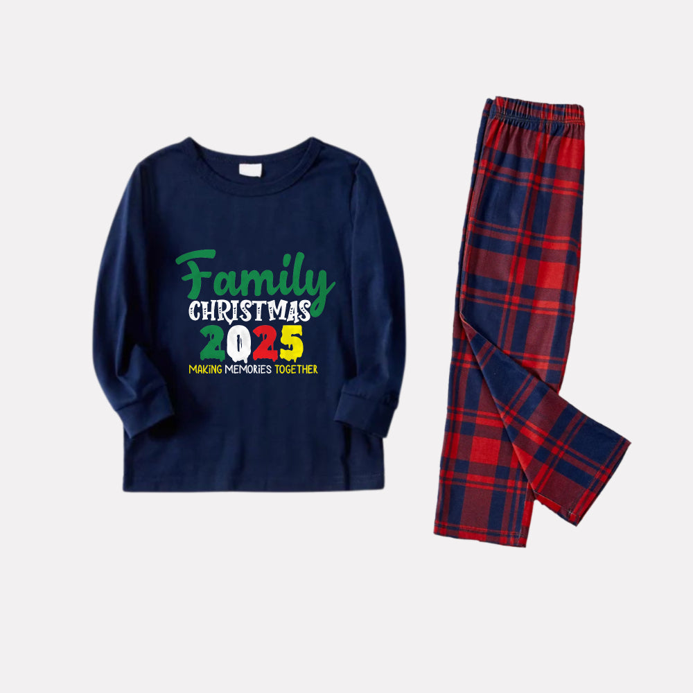 Christmas Family Matching Pajamas-Navy & Red Plaid Pjs Set with "Family Christmas 2025" Text Print