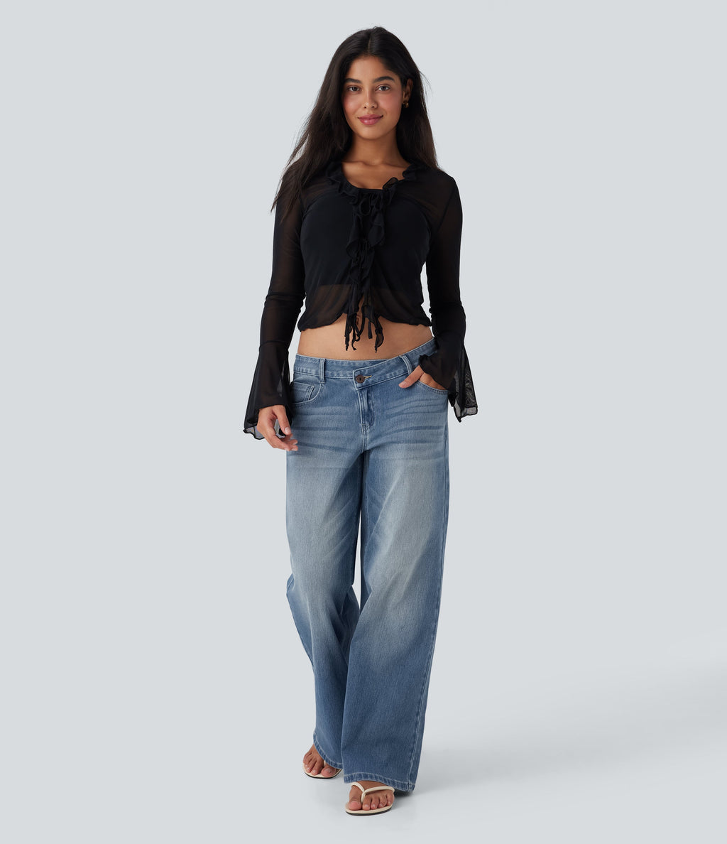 FlexTM Asymmetric Low Rise Zipper Pockets Baggy Wide Leg Washed Casual Jeans