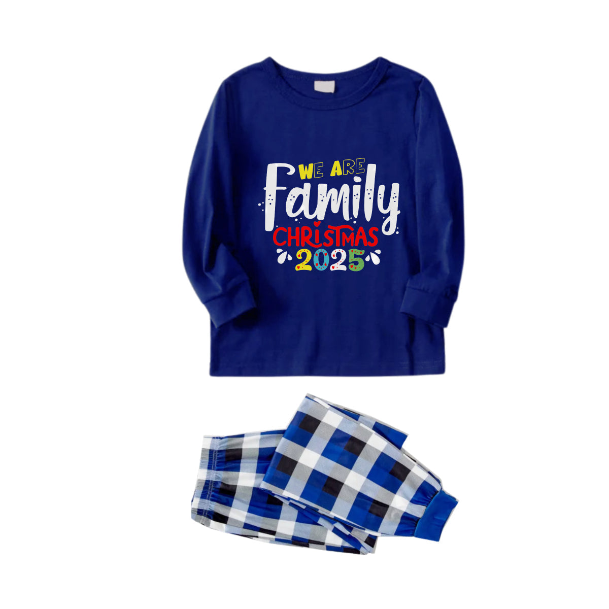 Christmas Family Matching Pajamas-Navy & White Plaid Pjs Set with "We Are Family Christmas 2025" Colorful Text Print
