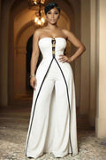 Strapless Metal Decor Wide Leg Train Colorblock Jumpsuit-White