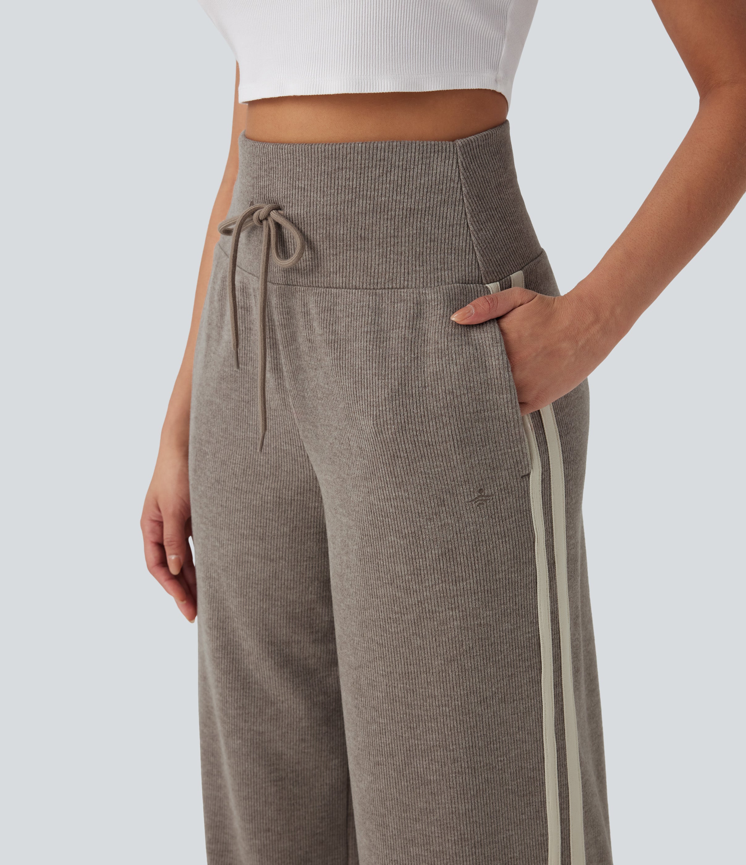 2026🔥 Ribbed SoCinched High Waisted Tummy Control Drawstring Wide Leg Color Block Casual Trousers with Pockets