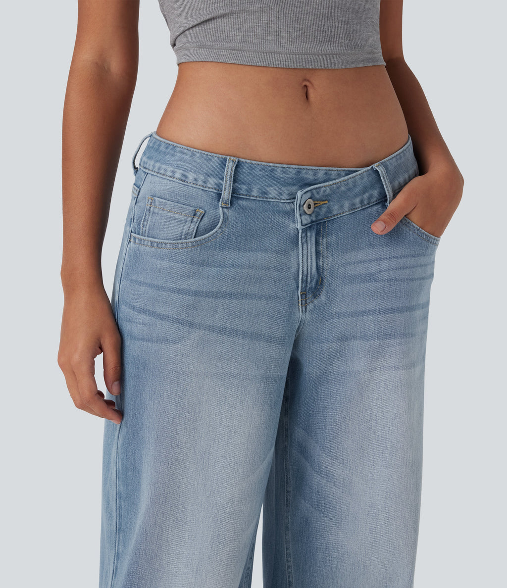 FlexTM Asymmetric Low Rise Zipper Pockets Baggy Wide Leg Washed Casual Jeans
