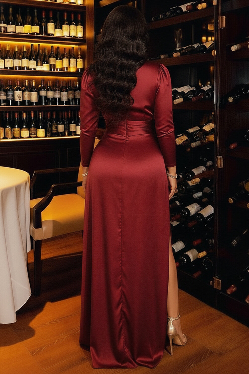 V Neck Long Sleeve Cinched Slit Satin Party Maxi Dresses-Red