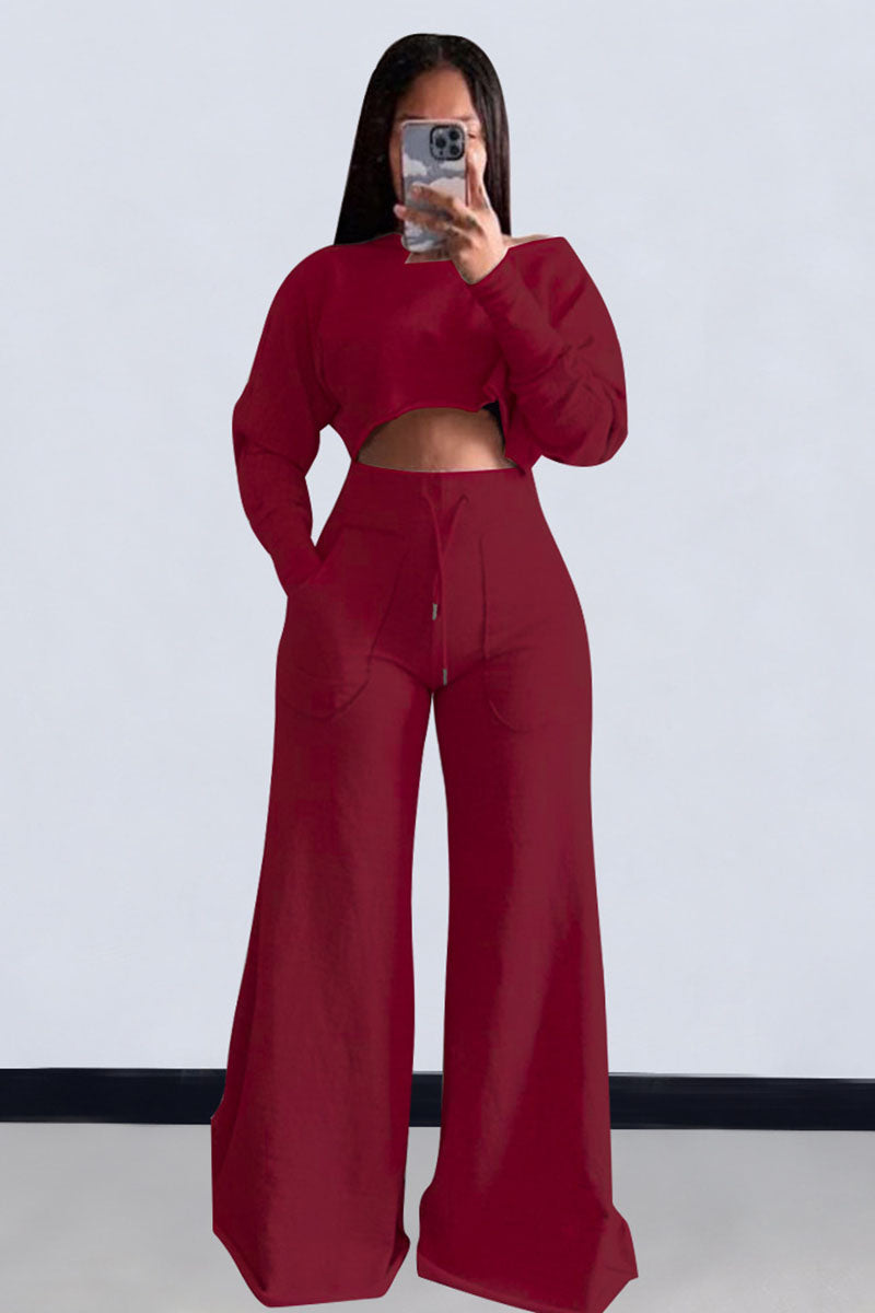 Plain Long Sleeve Crop Sweatshirt Pocket Wide Leg Pants Matching Set-Gray