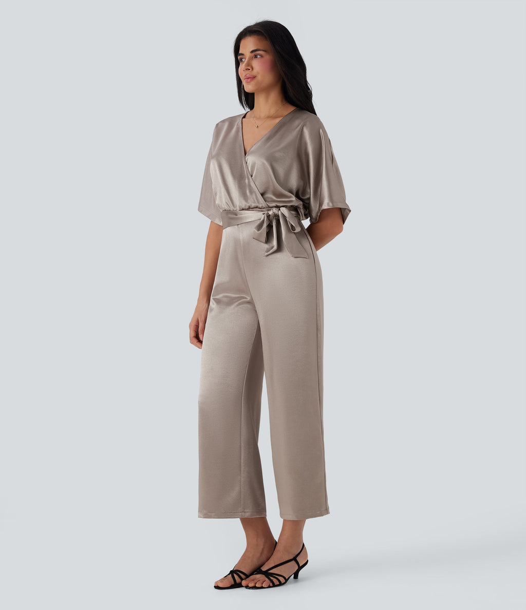 Crossover V Neck Belted Wide Leg Satin-like Work Jumpsuit with Pockets