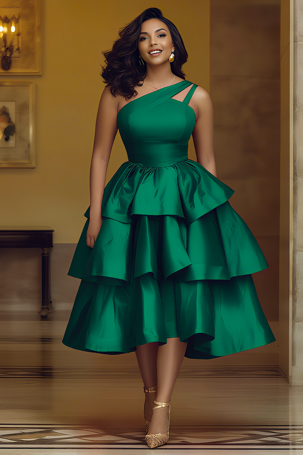 One Shoulder Cinched Waist Layered Hem Party Midi Dresses-Orange