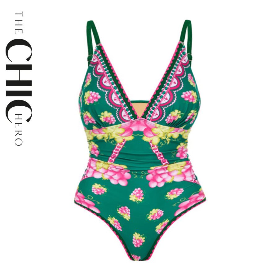 Green Grape Blossom Tropical Vineyard V-Neck Swimsuit & Mini Skirt