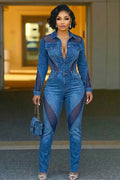 Denim Turndown Collar Mesh Patchwork Bodycon Casual Jumpsuit-Blue