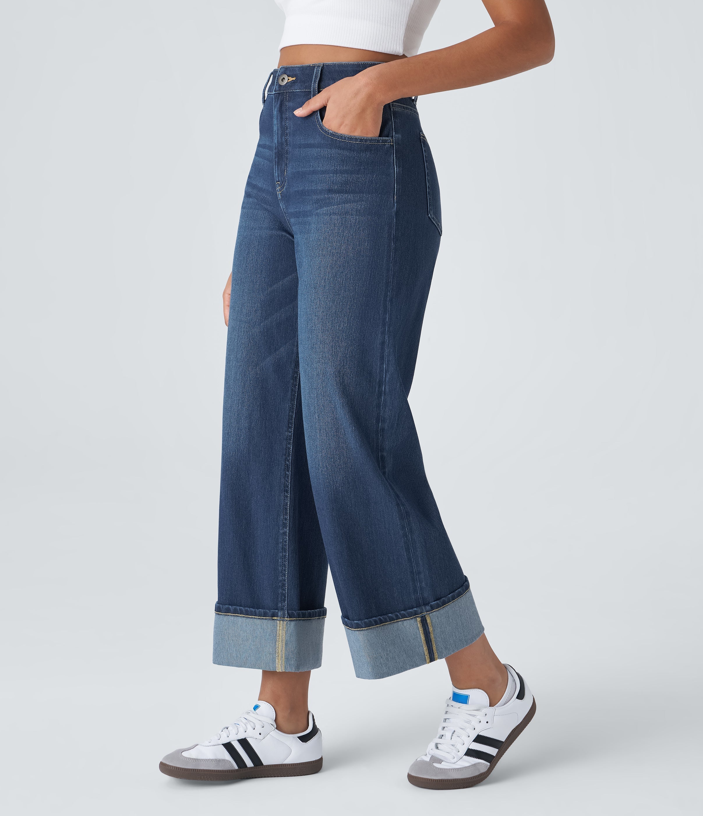 FlexTM High Waisted Multiple Pockets Rolled Hem Wide Leg Washed Stretchy Knit Casual Jeans