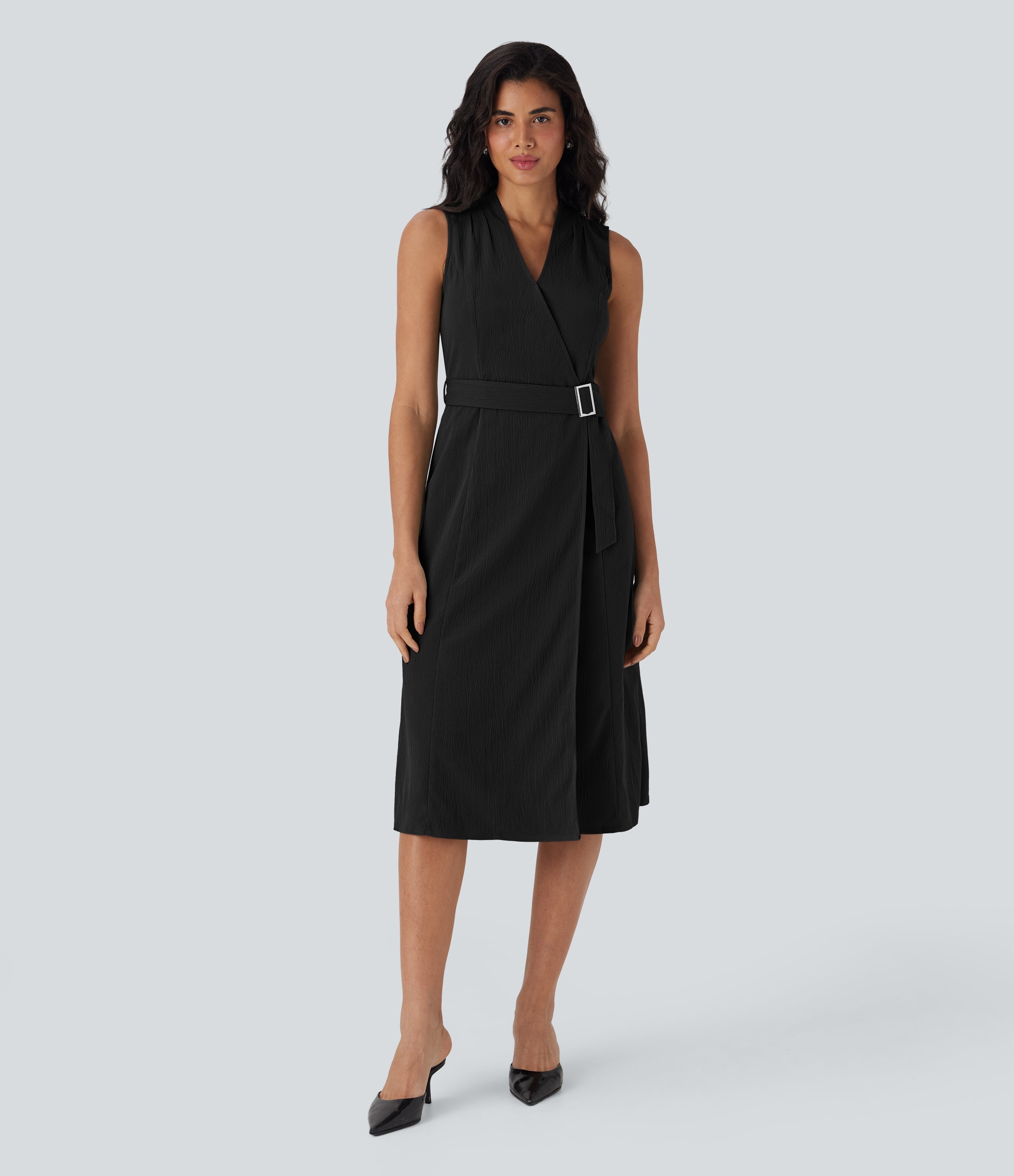 Anti-wrinkle V Neck Sleeveless Wrapped Belted Midi Travel Dress with Pockets