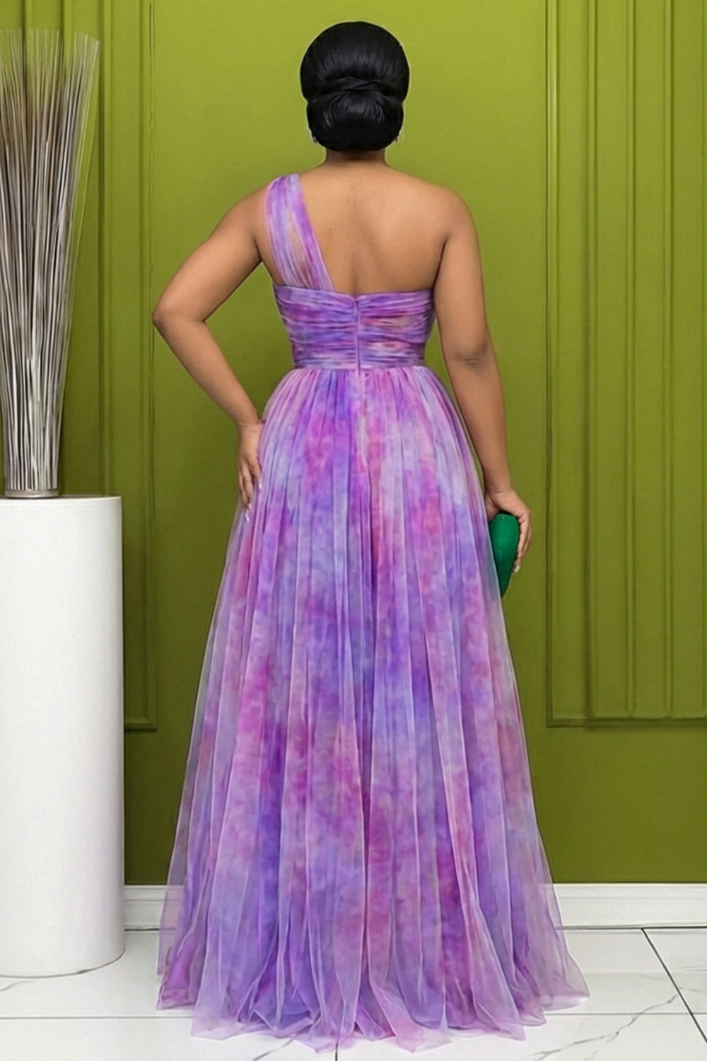 One Shoulder Cinch Waist Slit Mesh Gowns Maxi Dresses-Purple