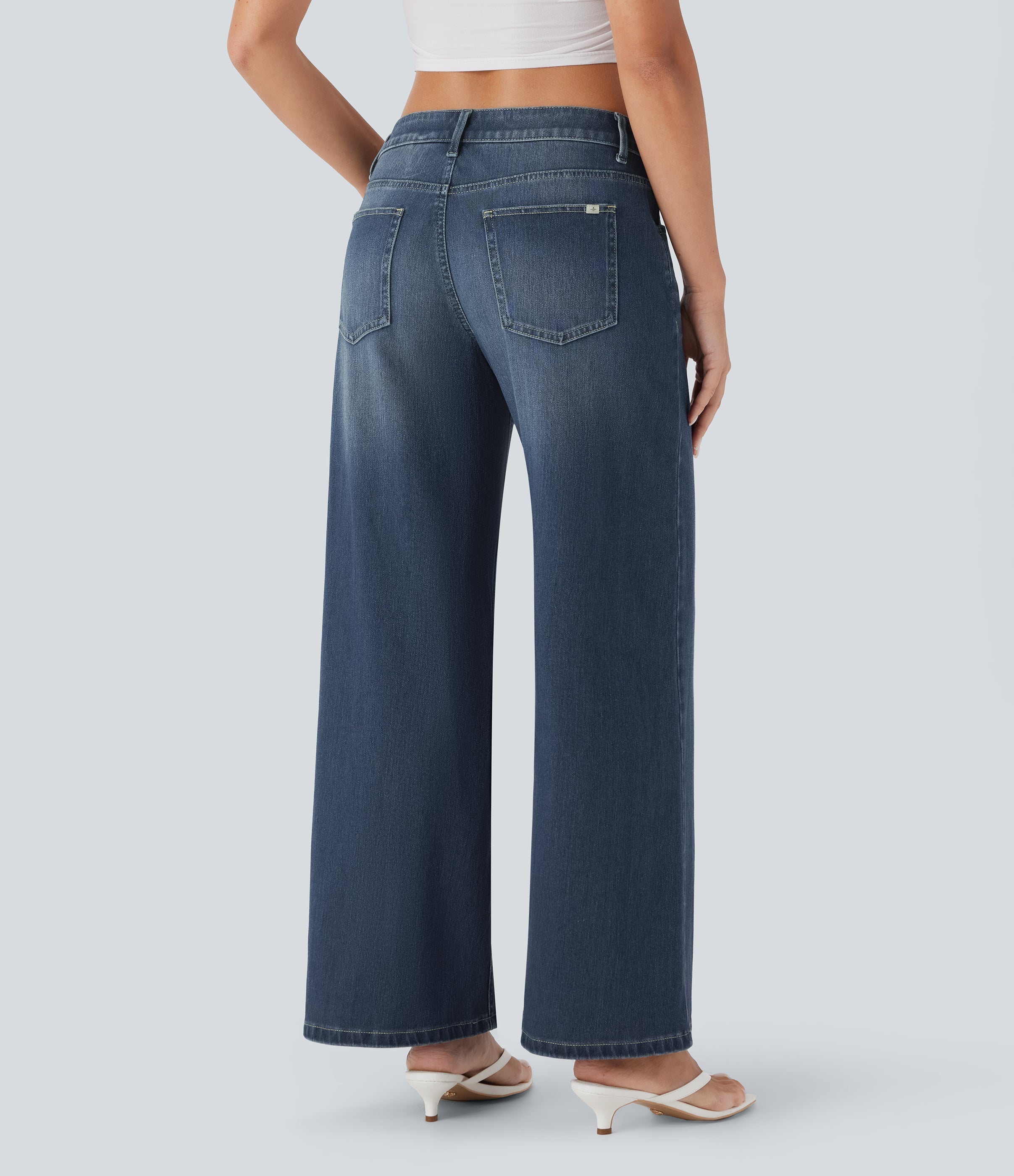 FlexTM Asymmetric Low Rise Zipper Pockets Baggy Wide Leg Washed Casual Jeans