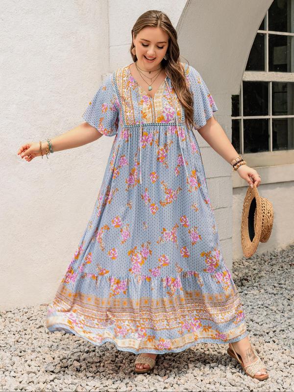 Plus Size Patchwork Floral Print Tie Neck Contrast Lace Ruffle Hem Long Dress, Summer Sundress 2024, Boho Butterfly Sleeve Smock Dress