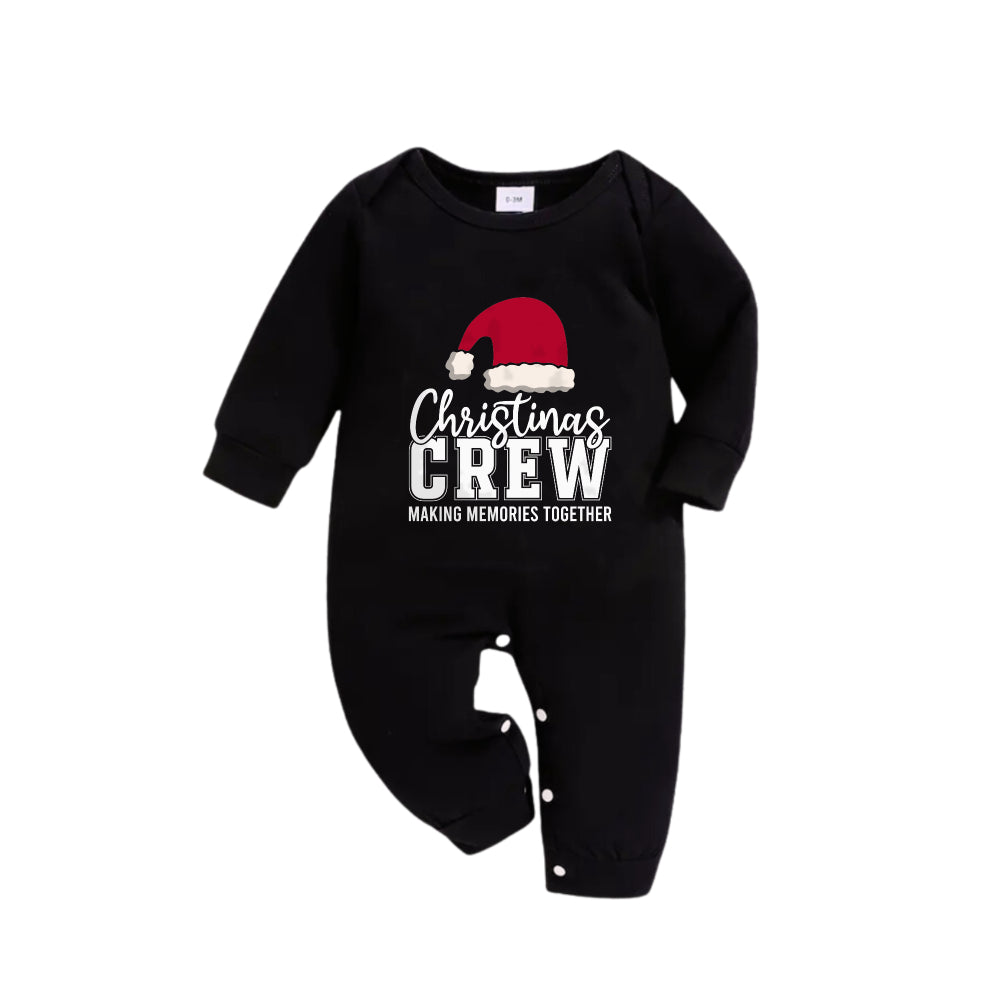 Christmas Family Matching Pajamas-Black Top and Green Plaid Pants Pjs Set with "Christmas Crew Making Memories Together " and Santa Hat Pattern Print