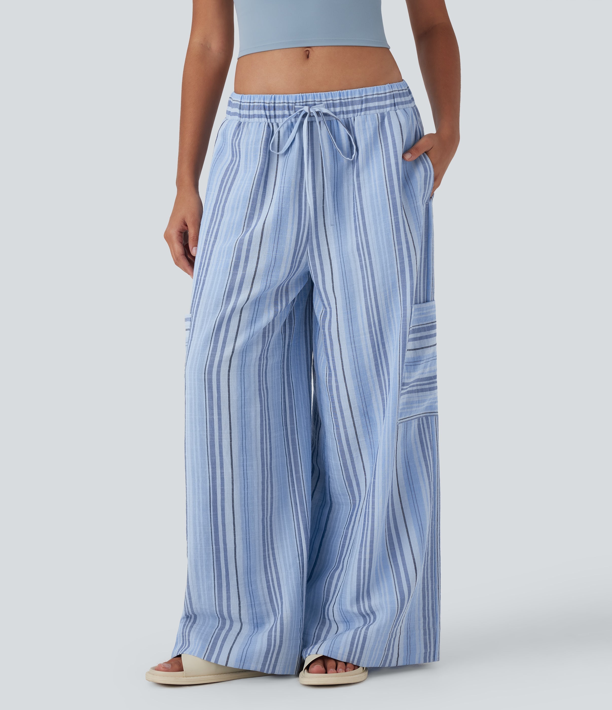 Low Rise Drawstring Wide Leg Stripe Casual Linen-Feel Pants with Pockets