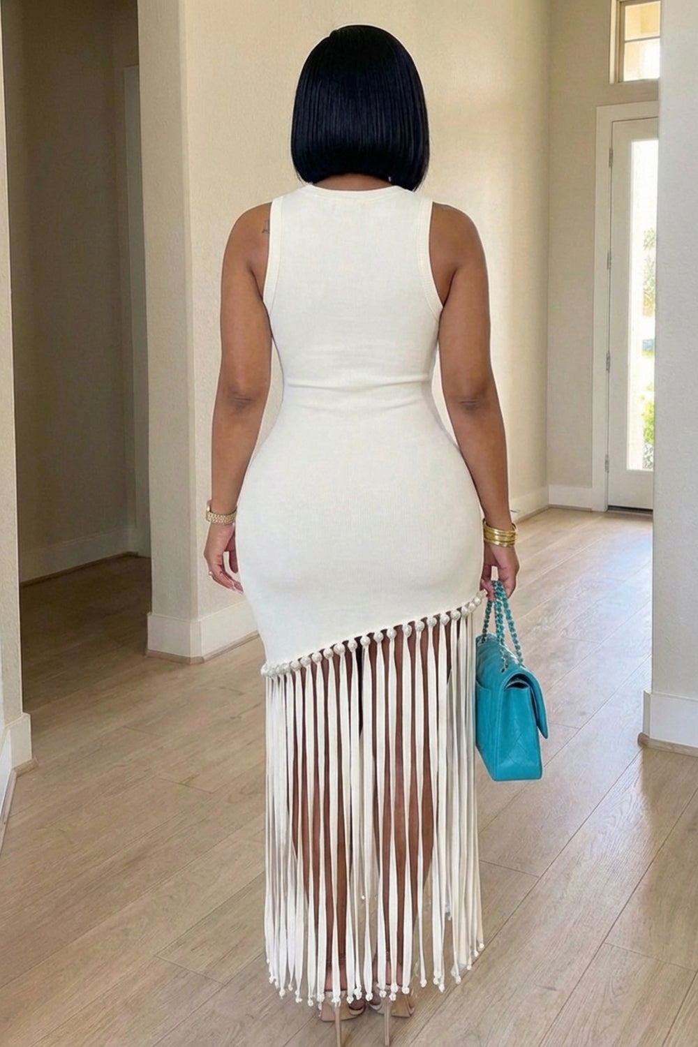 Round Neck Sleeveless Fringe Hem Slim Fit Maxi Dresses-White