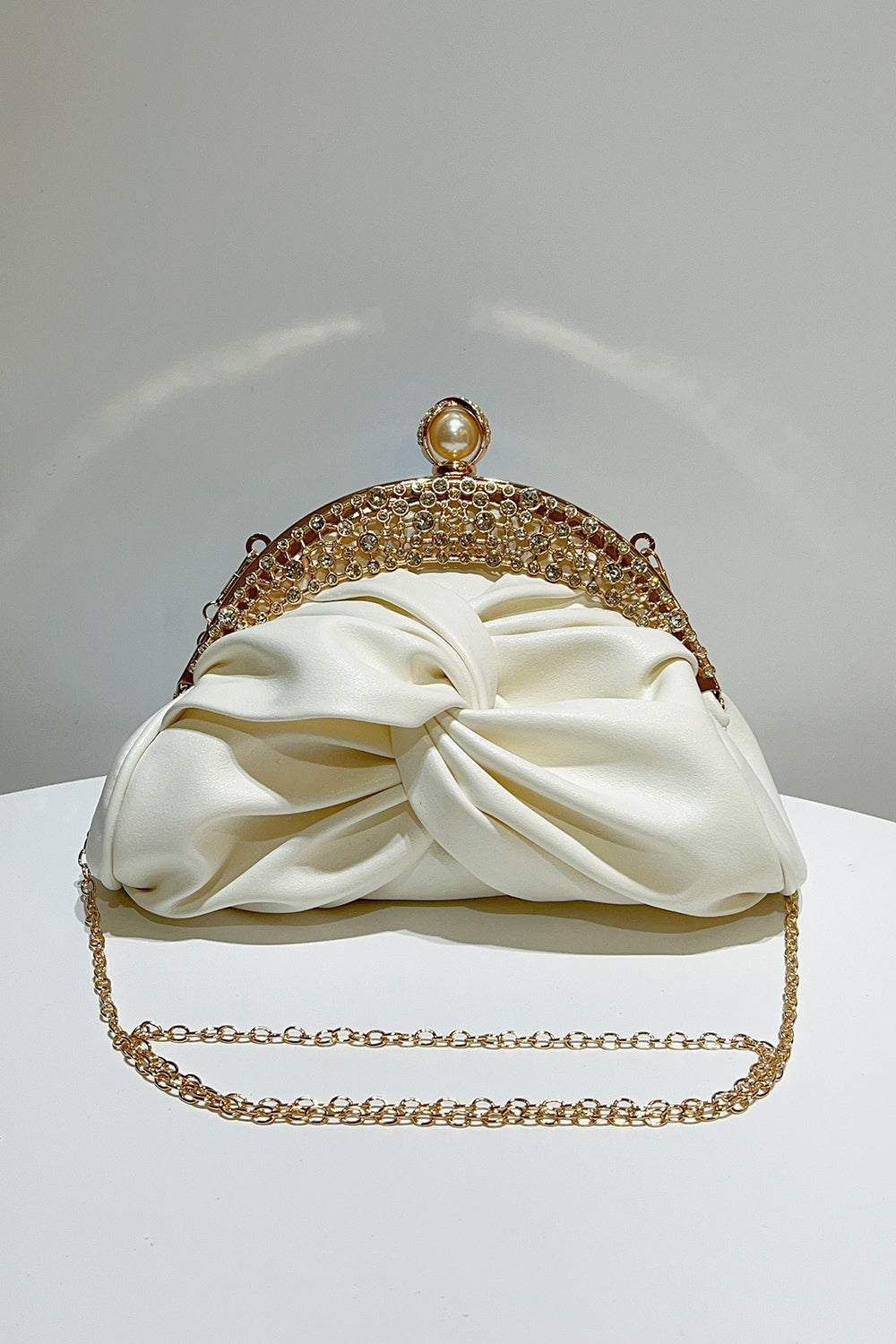 Rhinestone Embellished Ruched PU Leather Evening Clutch Bag