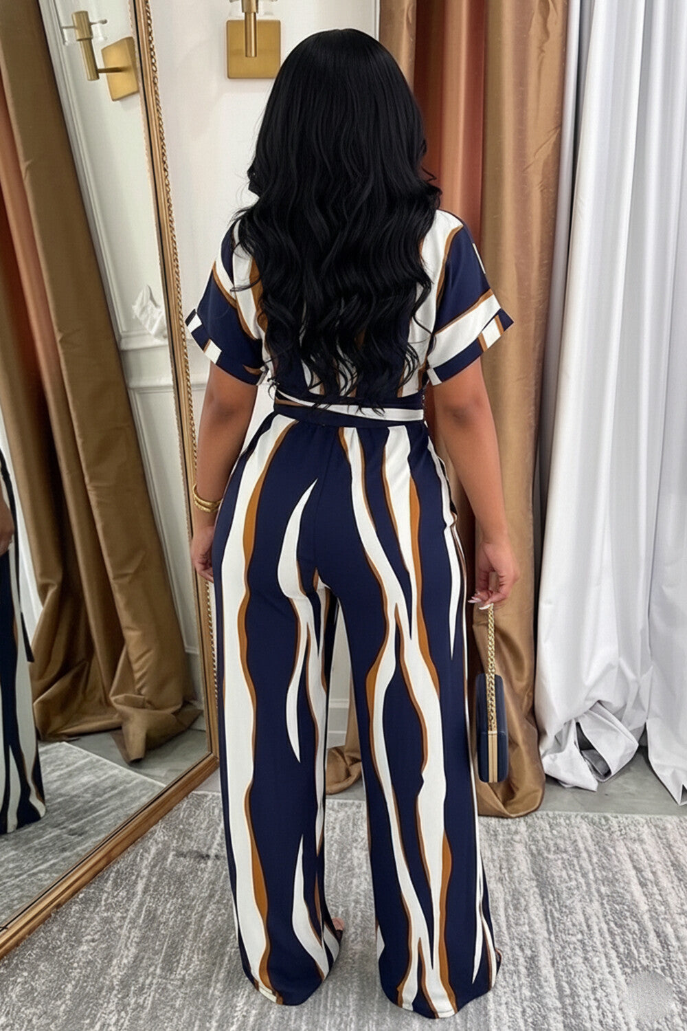 Turndown Collar Short Sleeve Wide Leg Casual Jumpsuit-Multicolor