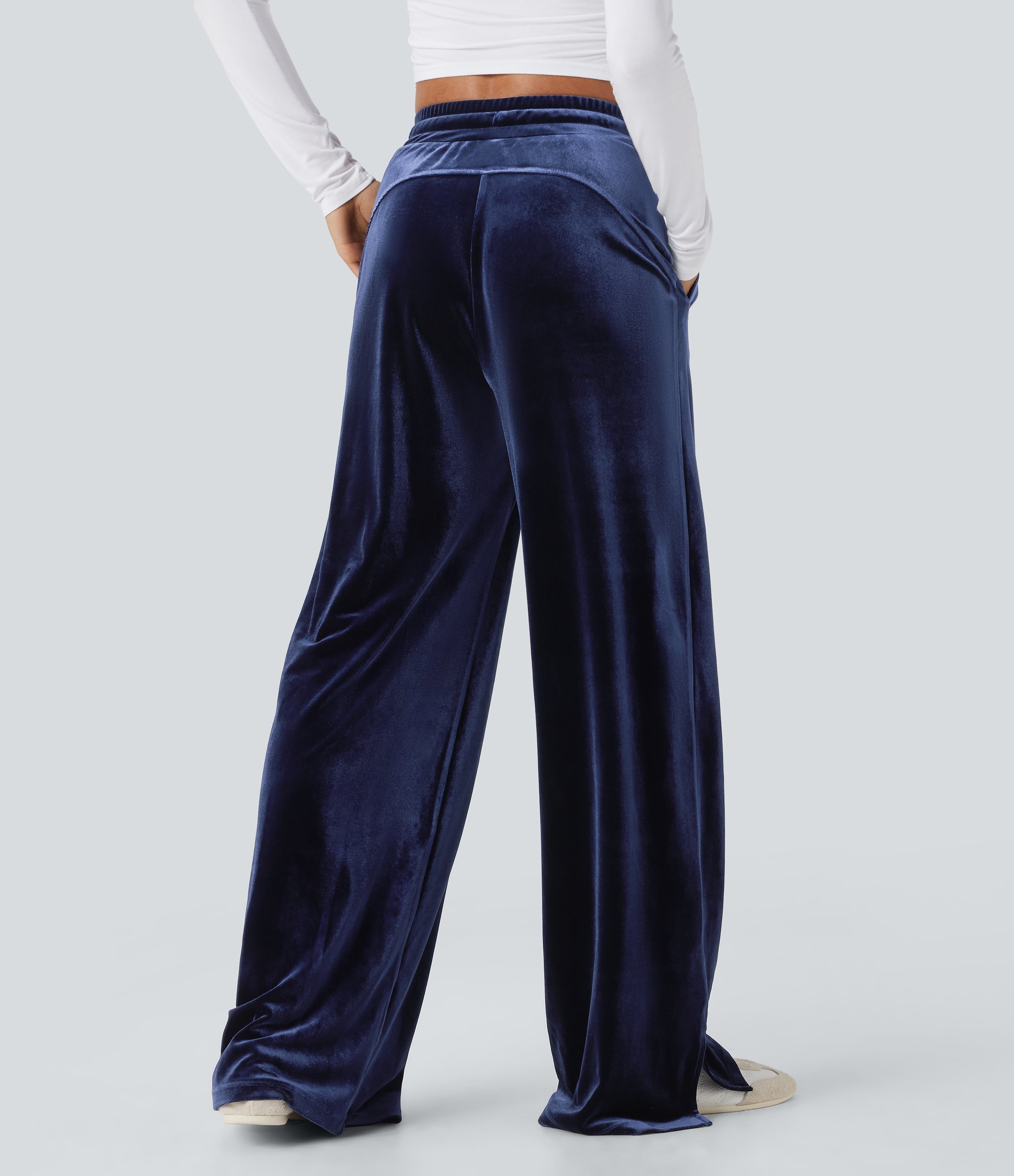 High Waisted Drawstring Wide Leg Velvet Casual Pants with Pockets