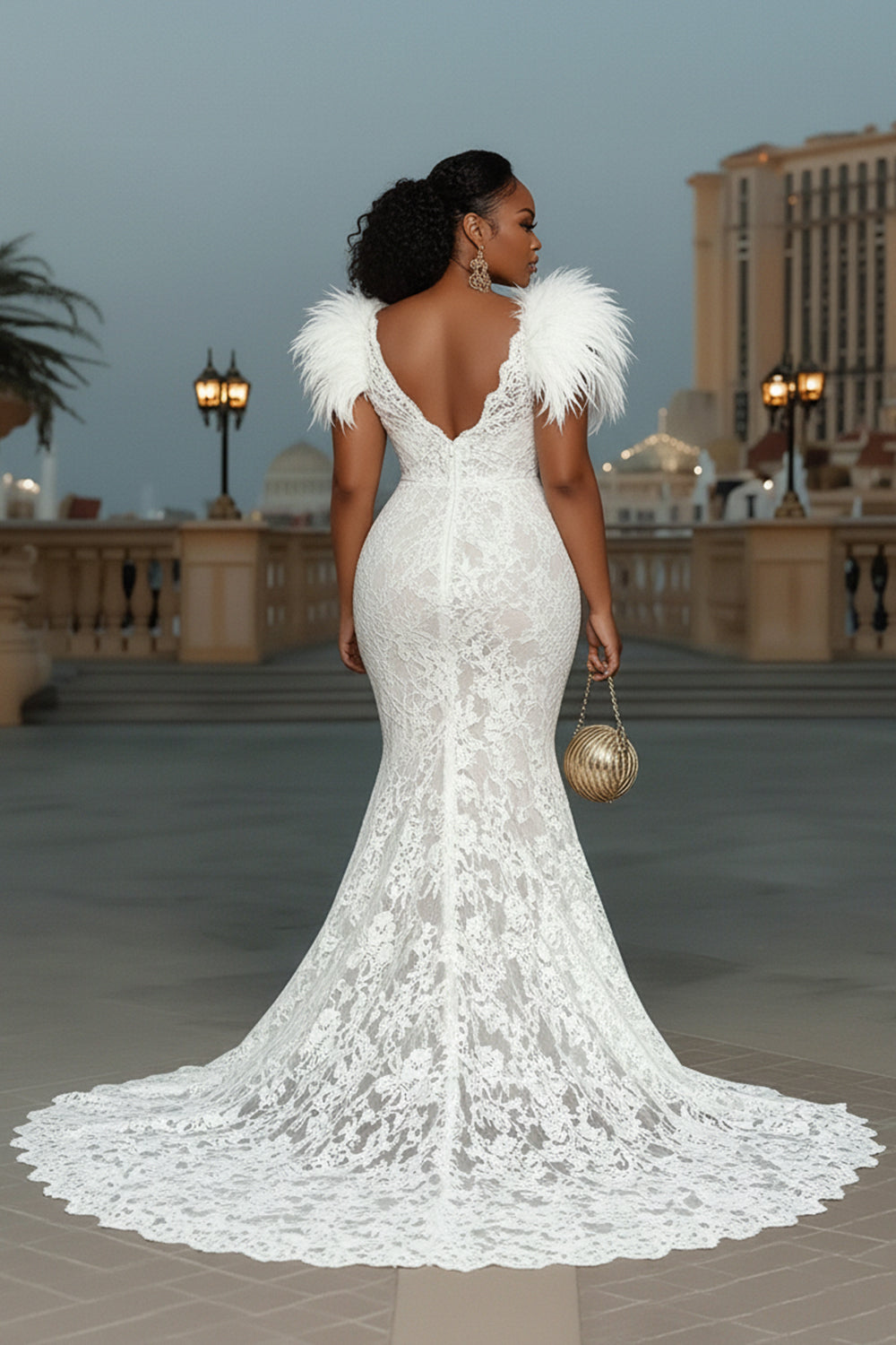 Fluffy Patchwork Fitted Mermaid Gowns Lace Maxi Dresses-White