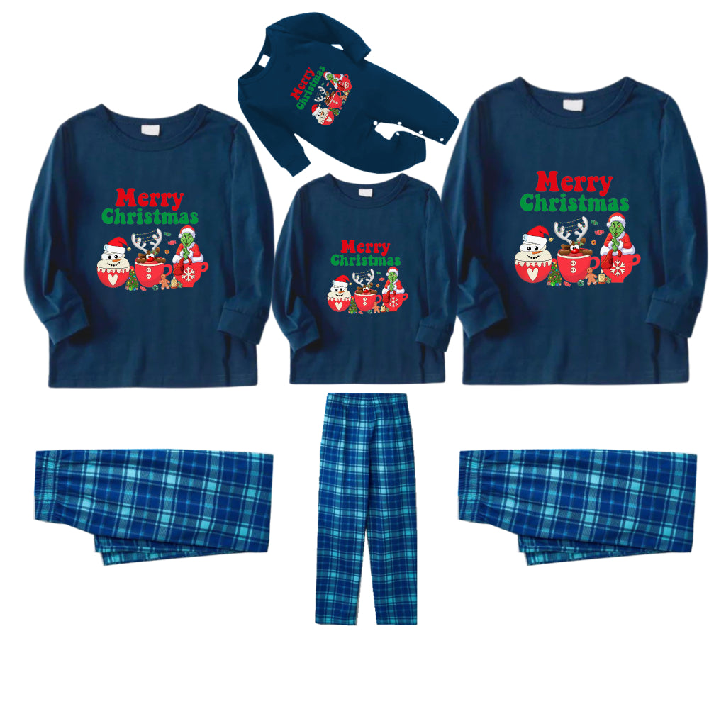 Christmas Family Matching Pajamas-Navy & Sky Blue Plaid Pjs Set with Grinch and "Merry Christmas" Print