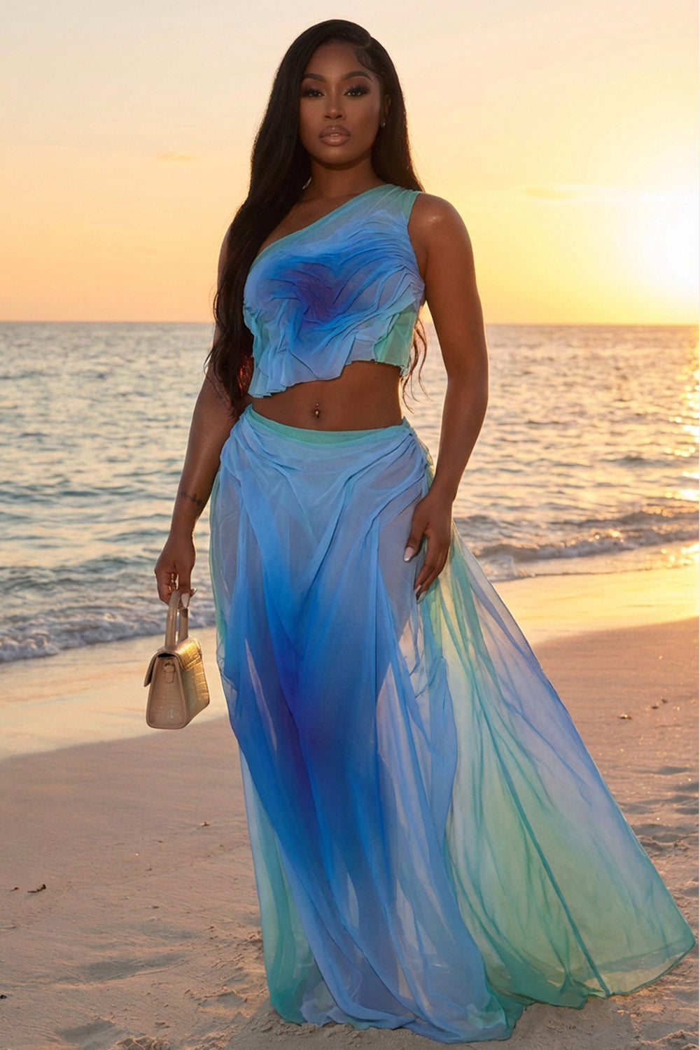 One Shoulder Crop Top Semi-Sheer Mesh Maxi Skirt 2pcs Set-Blue