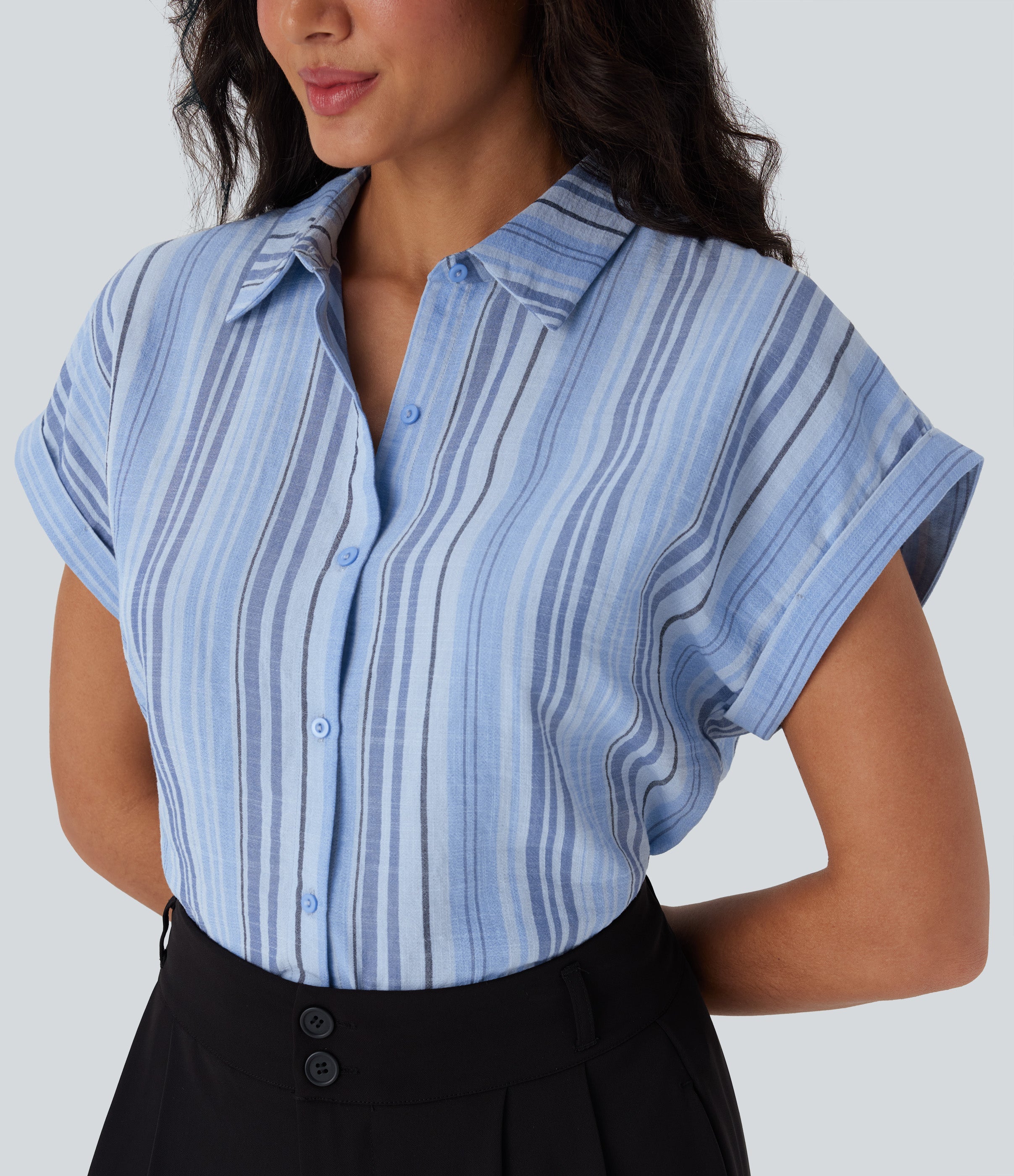Short Sleeve Stripe Work Linen-Feel Shirt