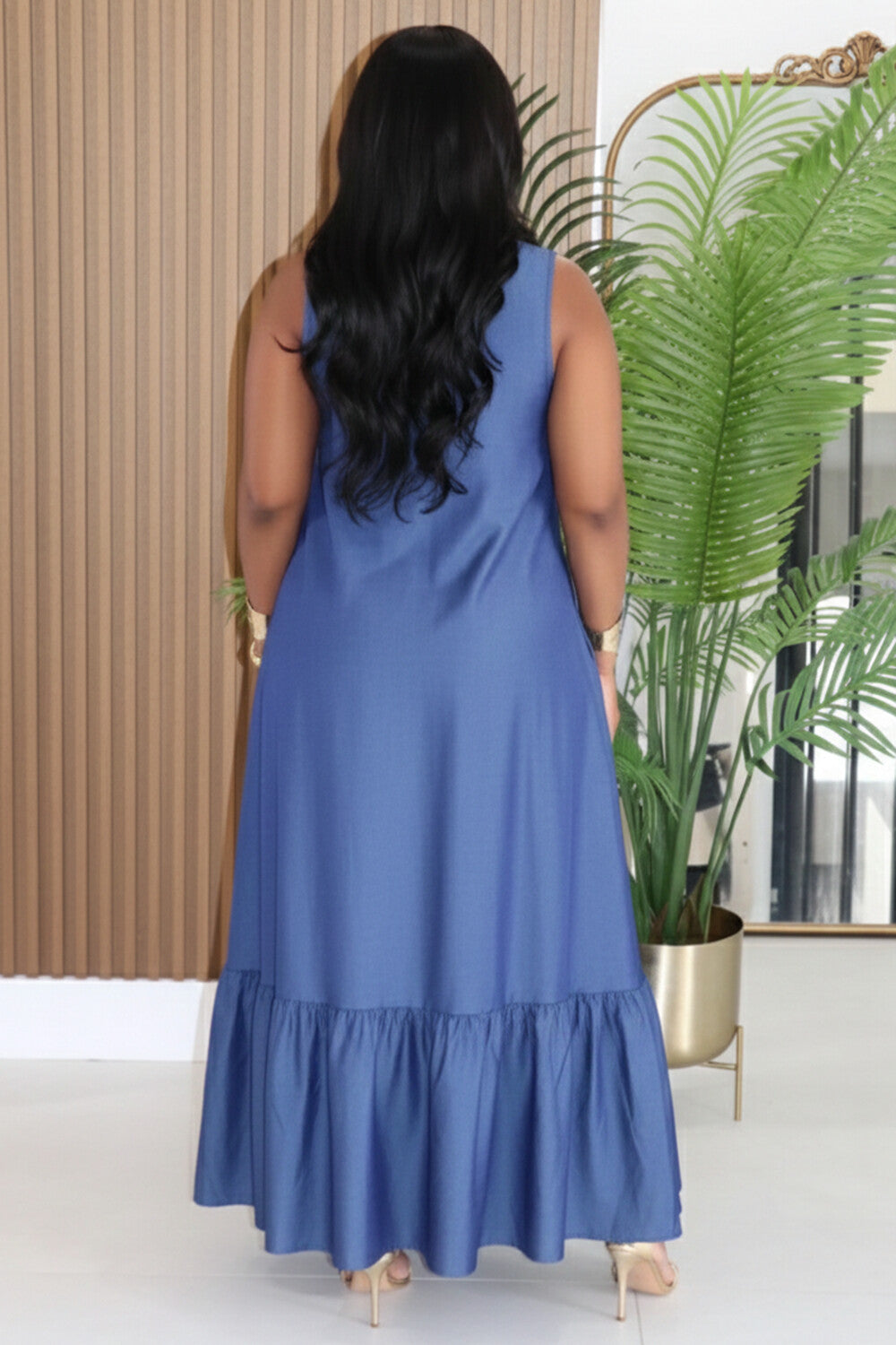 Turndown Collar Ruffle Loose Fit Casual Maxi Dresses-Blue