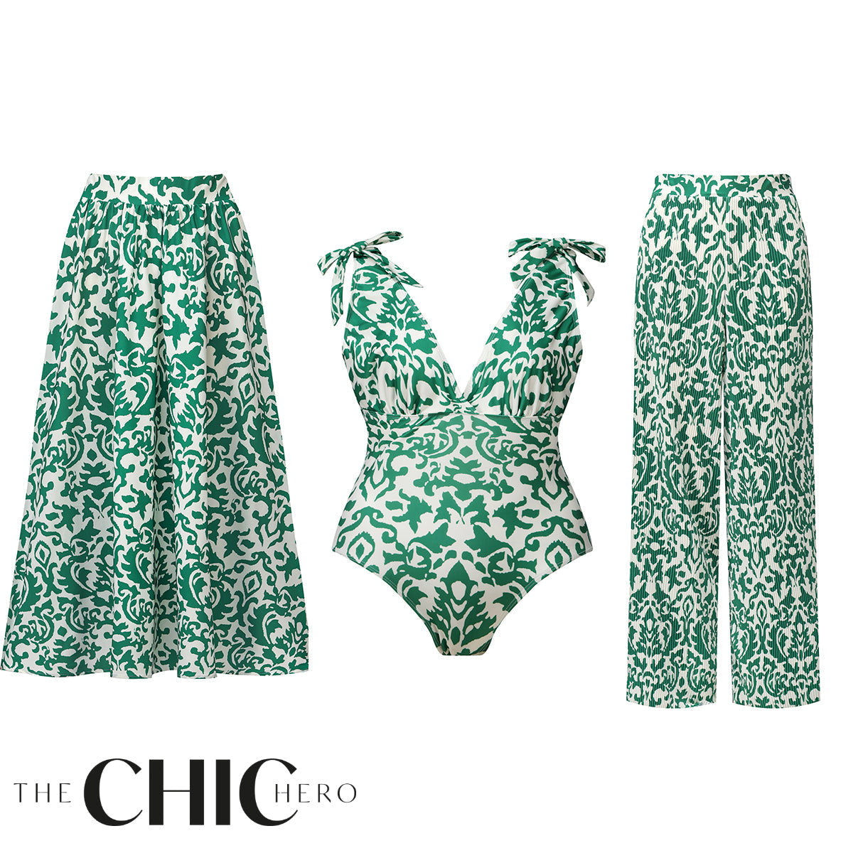 Green Boho Breeze Floral Tie-shoulder One Piece Swimsuit&Skirt&Pants