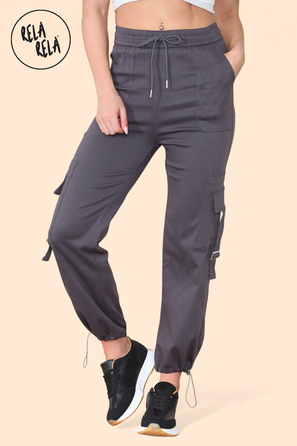 High Waisted Stretch Cuffed Cargo Pants with Pockets in Charcoal