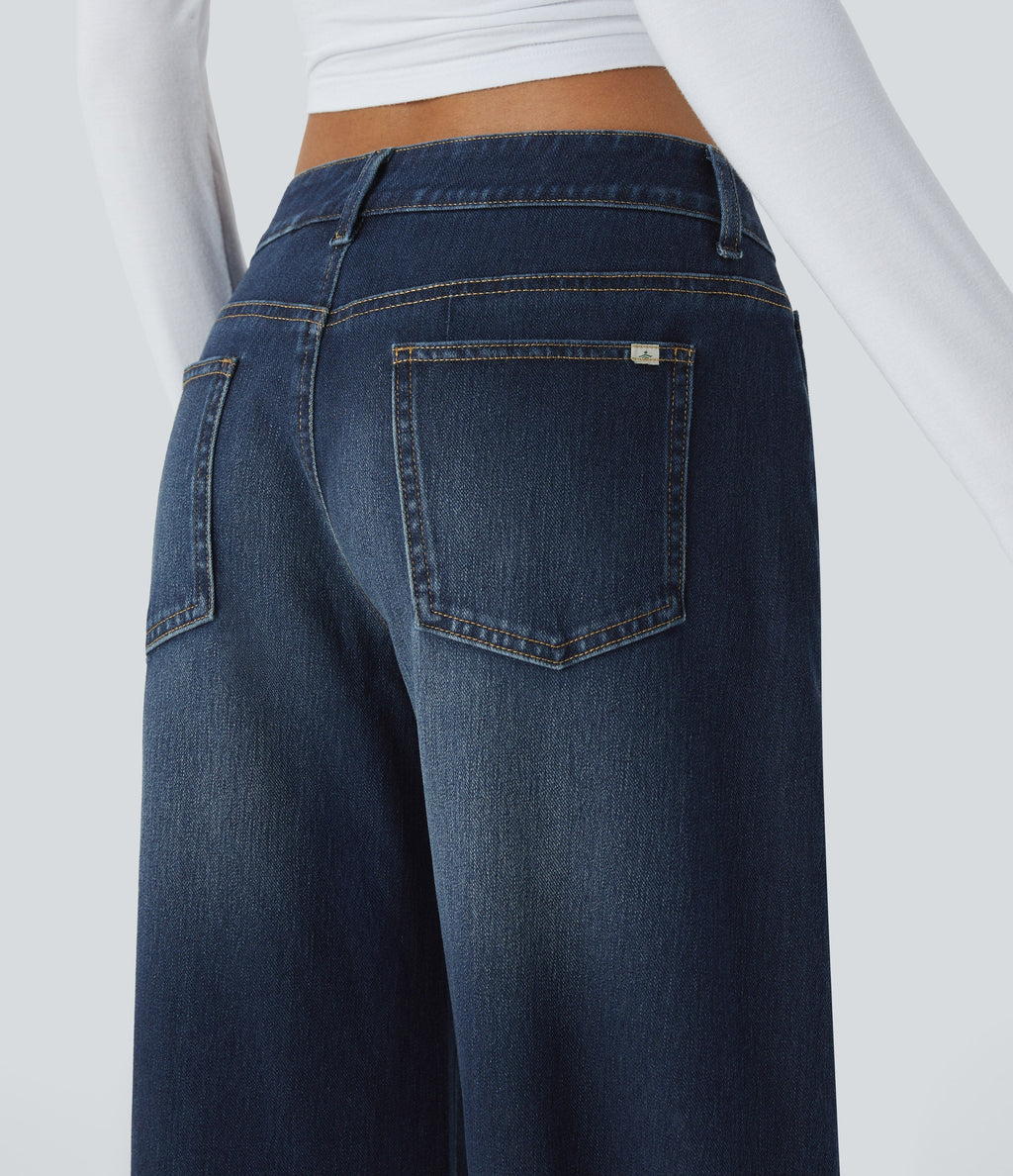 FlexTM Asymmetric Low Rise Zipper Pockets Baggy Wide Leg Washed Casual Jeans