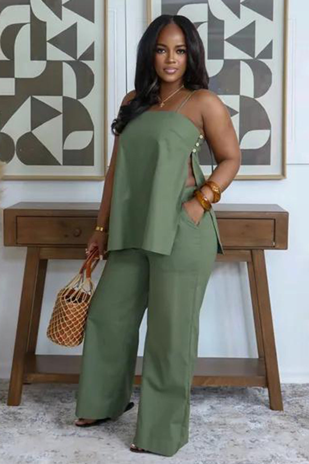 Spaghetti Strap Slit Top Wide Leg Pants Casual 2pcs Set-Beige