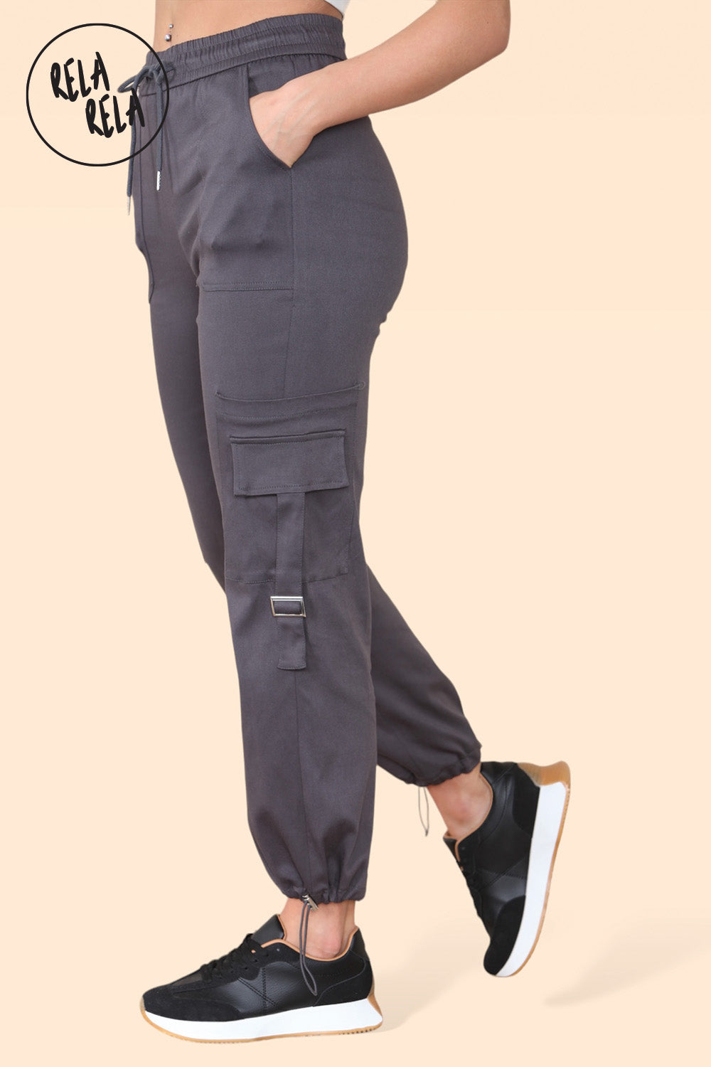 High Waisted Stretch Cuffed Cargo Pants with Pockets in Charcoal