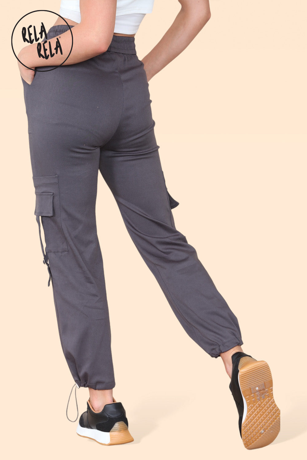 High Waisted Stretch Cuffed Cargo Pants with Pockets in Charcoal