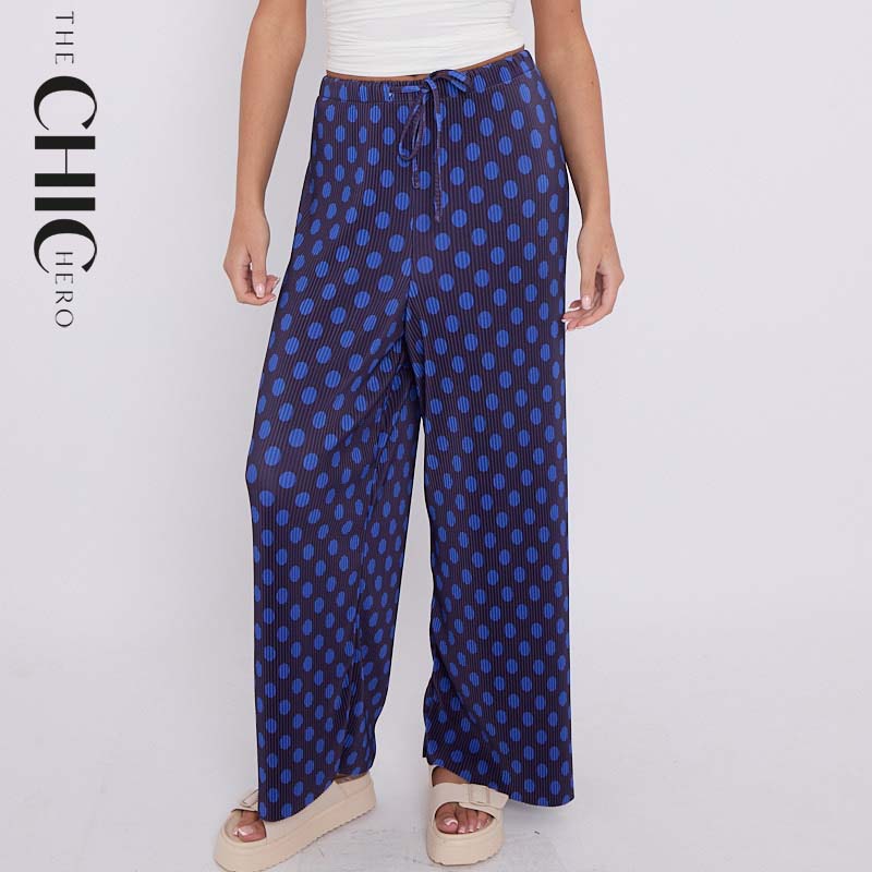 Blue Black Polka DotsPrint Abstract Print Wide-Leg Drawstring Palazzo Pleated Pants