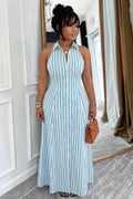 Halter Backless Button Striped Loose Fit Casual Maxi Dresses-Blue