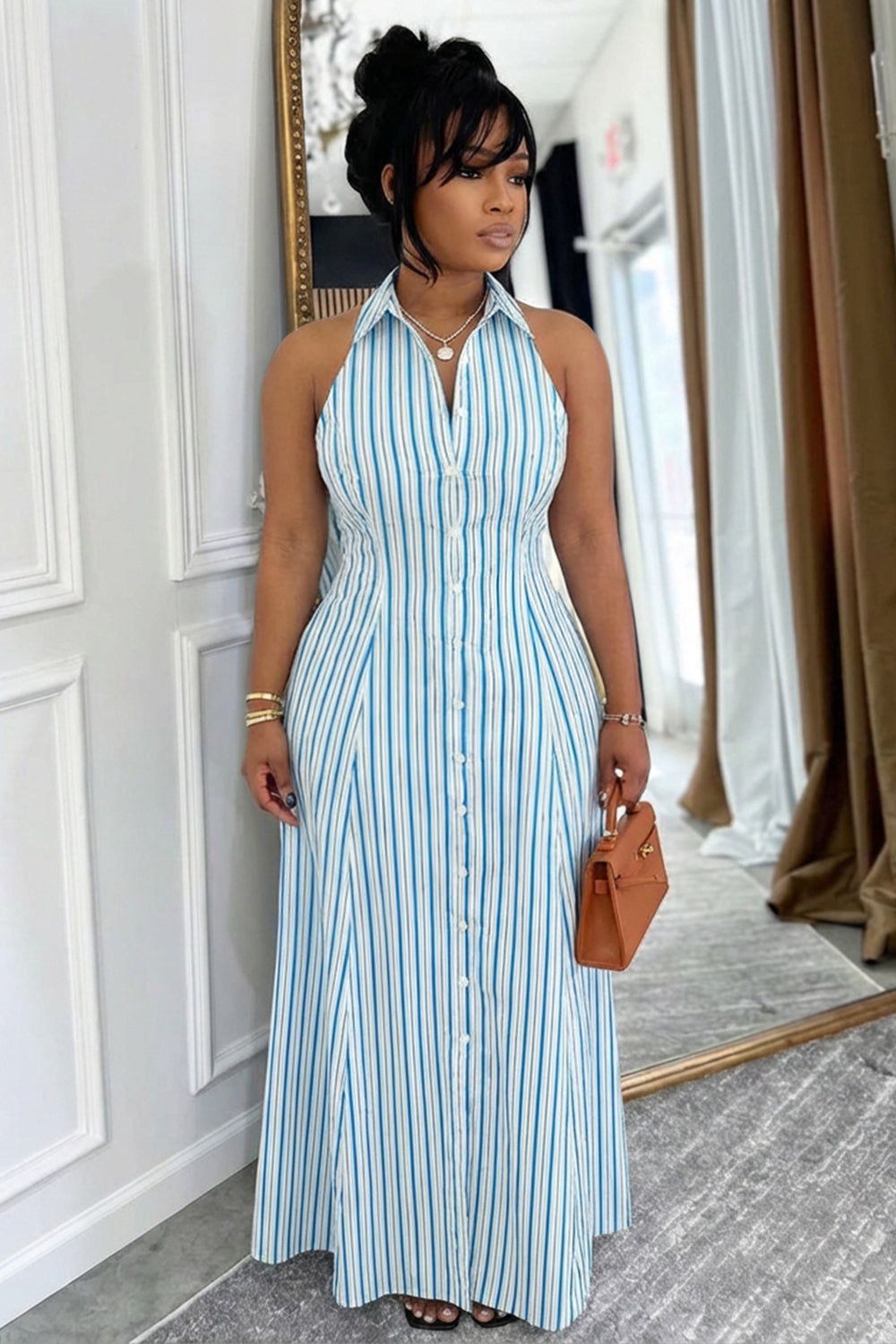 Halter Backless Button Striped Loose Fit Casual Maxi Dresses-Blue
