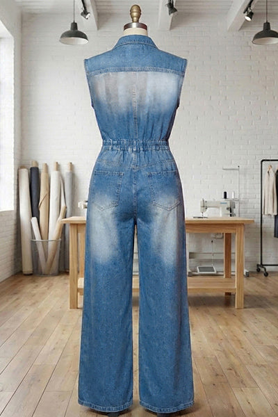 Sleeveless Button Front Cinch Waist Flare Leg Denim Jumpsuit-Blue