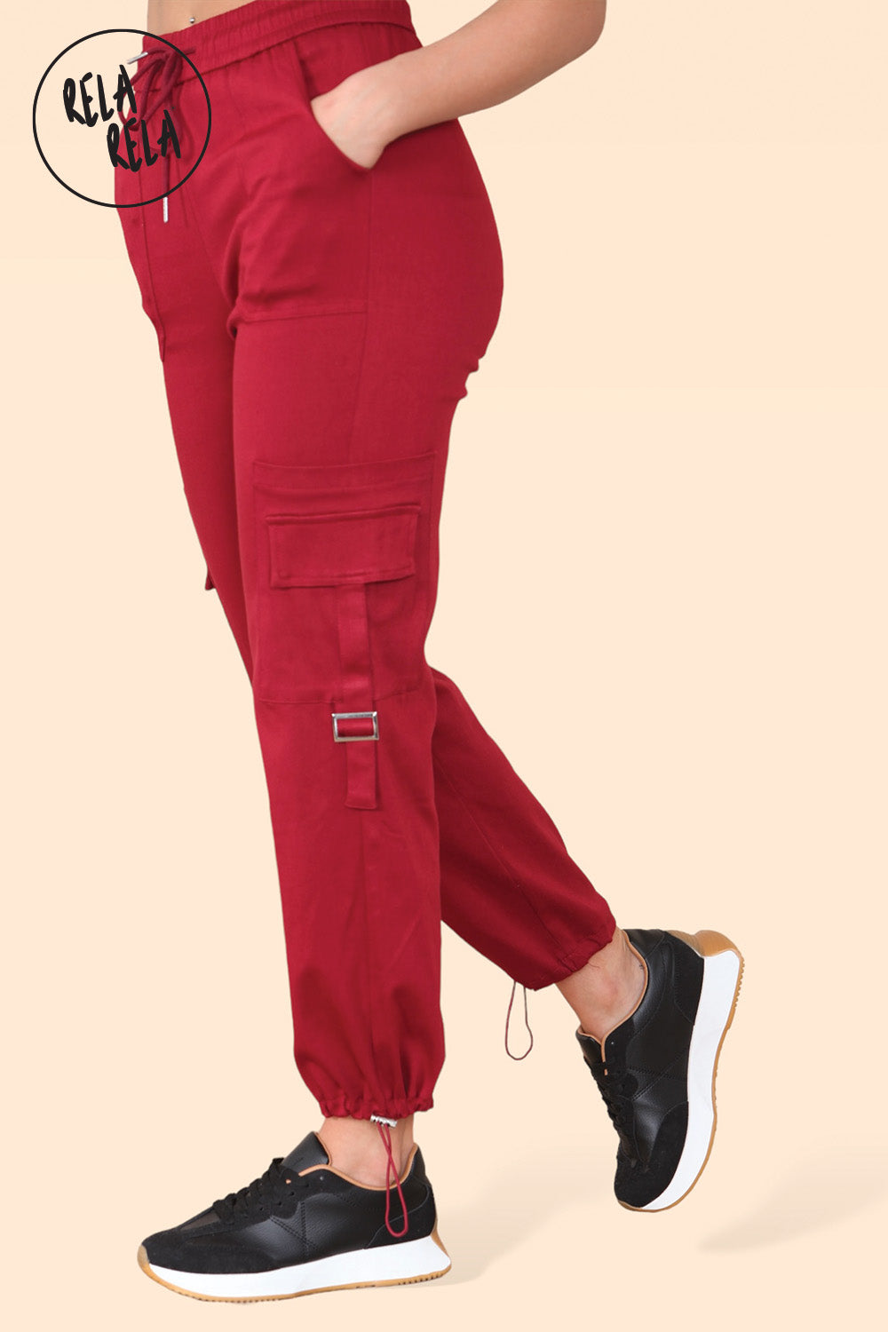 High Waisted Stretch Cuffed Cargo Pants with Pockets in Wine