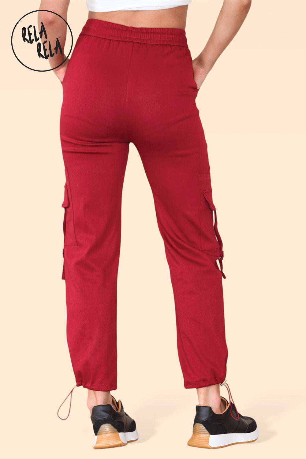 High Waisted Stretch Cuffed Cargo Pants with Pockets in Wine