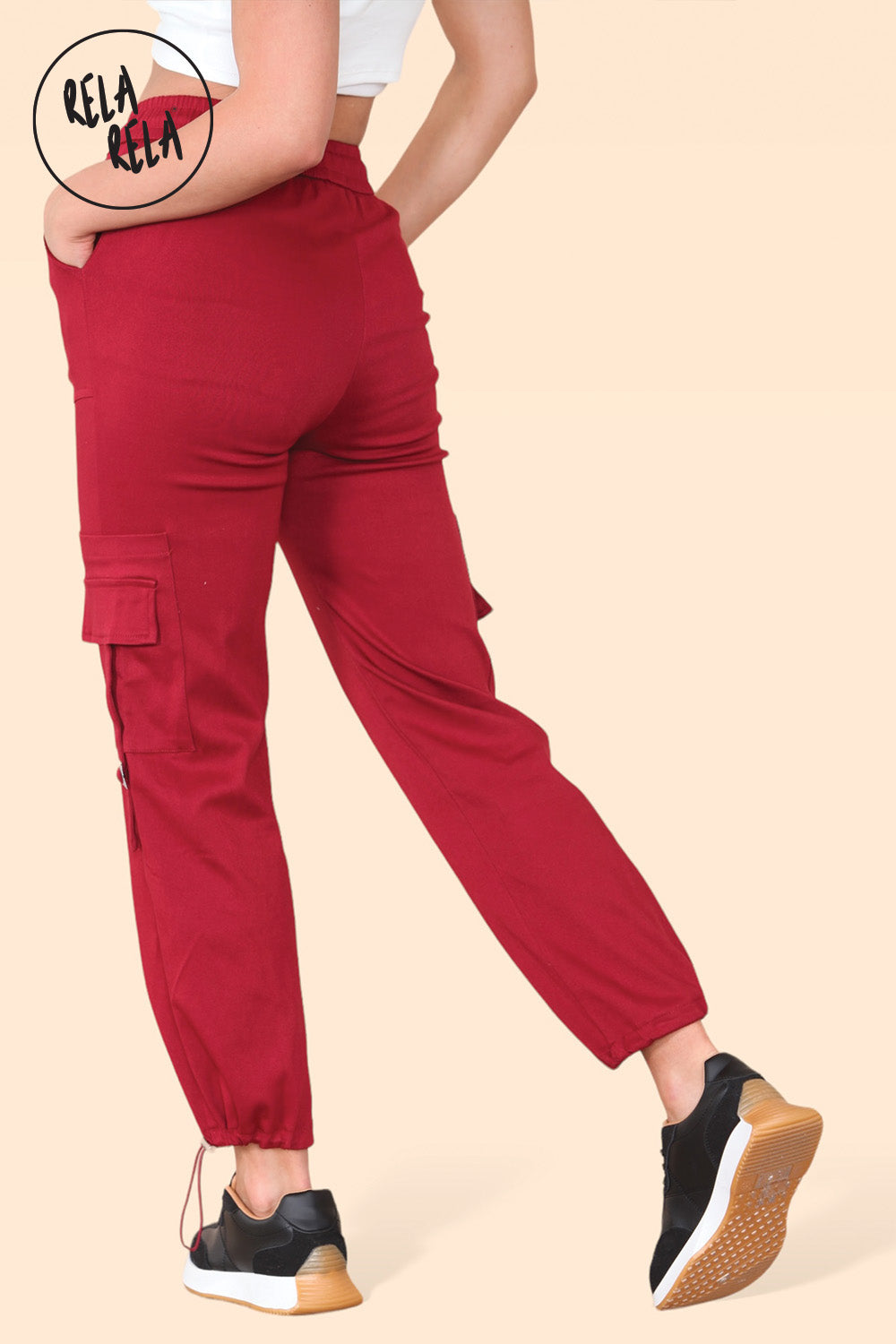 High Waisted Stretch Cuffed Cargo Pants with Pockets in Wine
