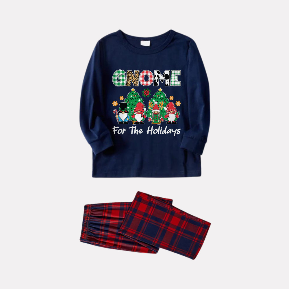 Christmas Family Matching Pajamas-Navy & Red Plaid Pjs Set with "Gnome For The Holidays" Slogan Print