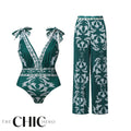Green Flowy Floral Tie-shoulder Swimsuit&Pants