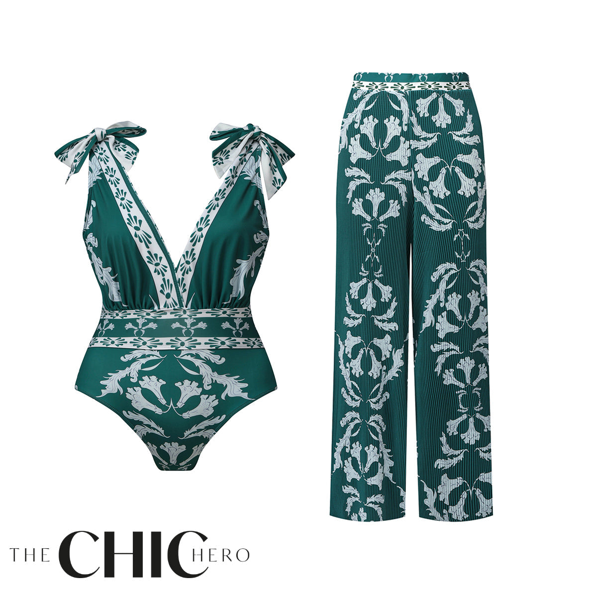 Green Flowy Floral Tie-shoulder Swimsuit&Pants
