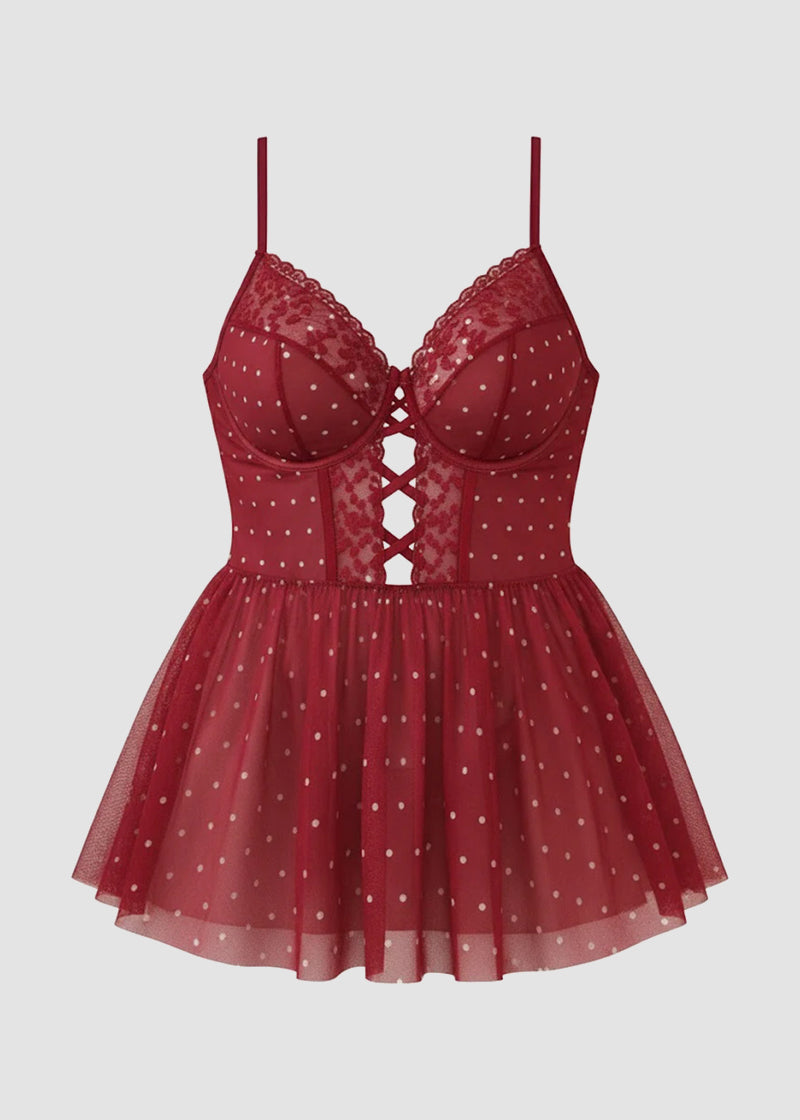 Sexy Plus Size Sheer Lace & Mesh Polka Dot Nightie